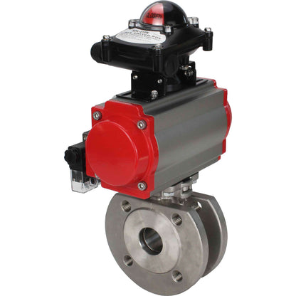 Stainless steel ball valve DNOVA BVcFP.316.200 PSI232 full port, compact flanged, pneumatic actuator DNOVA SA with return springs, pneumatic distributor 4M310-08 NAMUR 220 V, limit switch block APL-410N EX