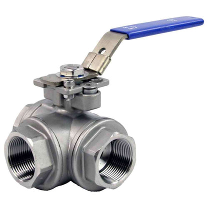 Stainless steel ball 3-way valve Threaded L-type standard port DNOVA BV3232P(4pc)-SP-3WL-T-ISO-H PN63 with ISO 5211 mounting pad and handle