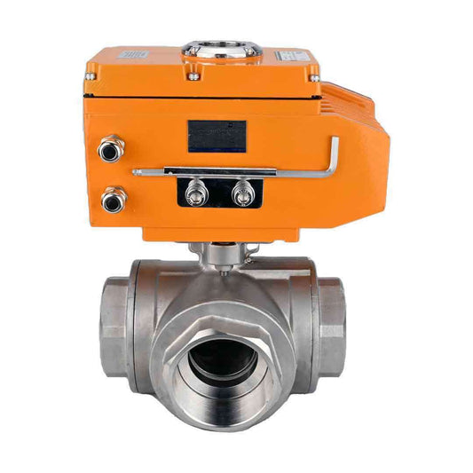 Stainless steel ball valve DNOVA BV3232P(4pc)-SP-3WT-T-ISO-H, body material - stainless steel AISI 316, ball material - stainless steel AISI 316, seal - PTFE, electric actuator operated