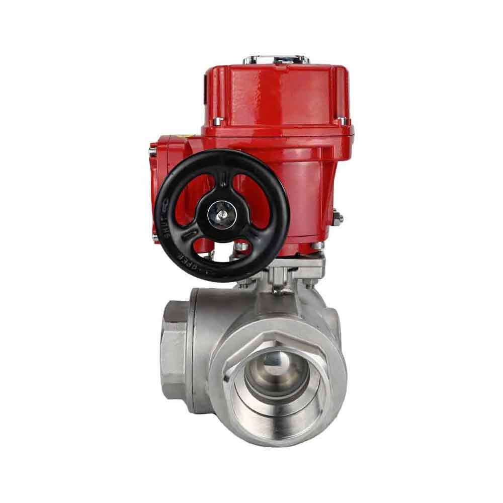 Stainless steel ball valve DNOVA RP.SS316.200.MM.ISO 914 PSI threaded, standard port, three way, L-type, body material - stainless steel AISI 316, with quater-turn electric actuator DNOVA QT-W (M) EX 220V