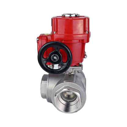 Stainless steel ball valve DNOVA RP.SS316.200.MM.ISO 914 PSI threaded, standard port, three way, L-type, body material - stainless steel AISI 316, with quater-turn electric actuator DNOVA QT-W (M) EX 380V