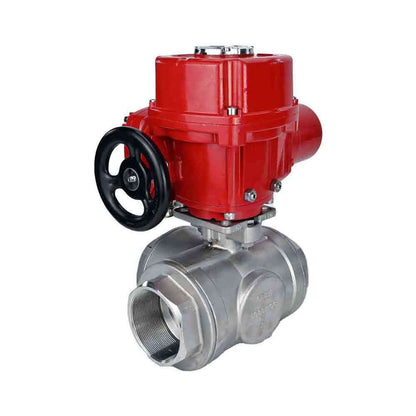 Stainless steel ball valve DNOVA RP.SS316.200.MM.ISO 914 PSI threaded, standard port, three way, L-type, body material - stainless steel AISI 316, with quater-turn electric actuator DNOVA QT-W (M) EX 380V