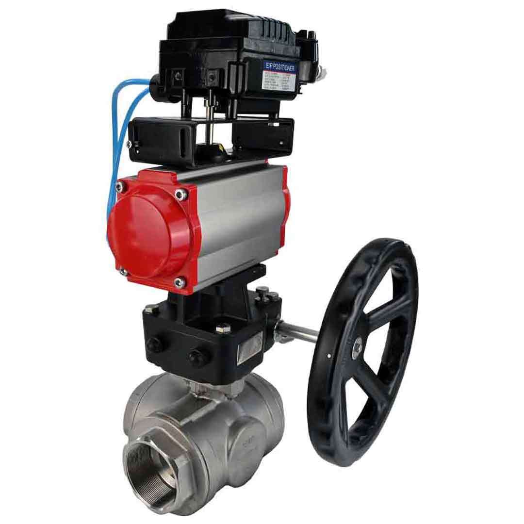 Stainless steel ball valve DNOVA 3h-l-rpss316200mm-iso-pnevpr-da-hdm-epp-soz, body material - stainless steel AISI 316, ball material - stainless steel AISI 316, seal - PTFE, pneumatic actuator operated