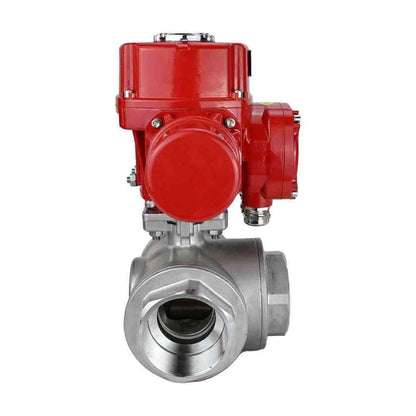 Stainless steel ball valve DNOVA RP.SS316.200.MM.ISO 914 PSI threaded, standard port, three way, L-type, body material - stainless steel AISI 316, with quater-turn electric actuator DNOVA QT-W (M) EX 220V