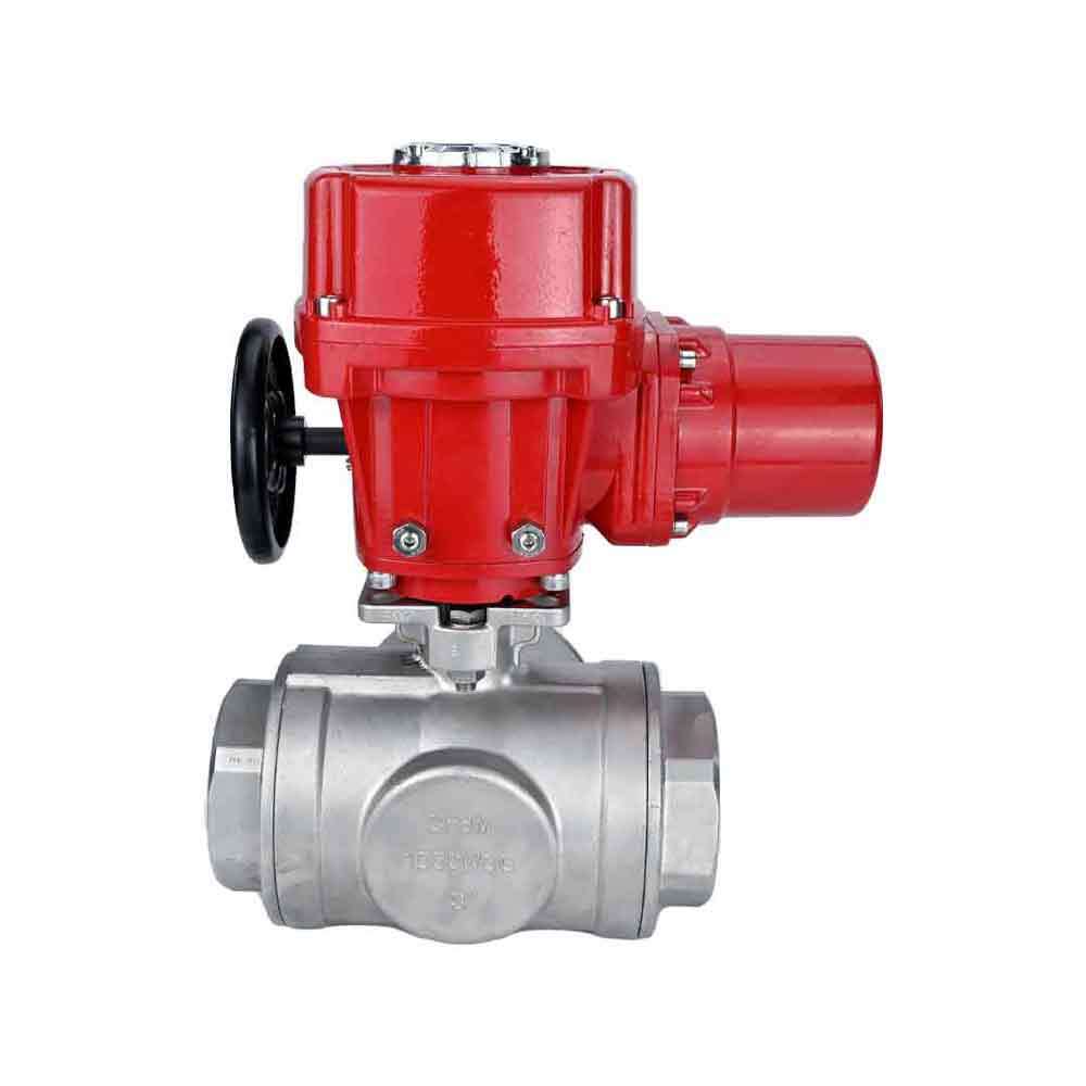 Stainless steel ball valve DNOVA RP.SS316.200.MM.ISO 914 PSI threaded, standard port, three way, L-type, body material - stainless steel AISI 316, with quater-turn electric actuator DNOVA QT-W (M) EX 380V