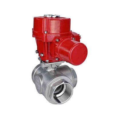 Stainless steel ball valve DNOVA RP.SS316.200.MM.ISO 914 PSI threaded, standard port, three way, L-type, body material - stainless steel AISI 316, with quater-turn electric actuator DNOVA QT-W (M) EX 380V