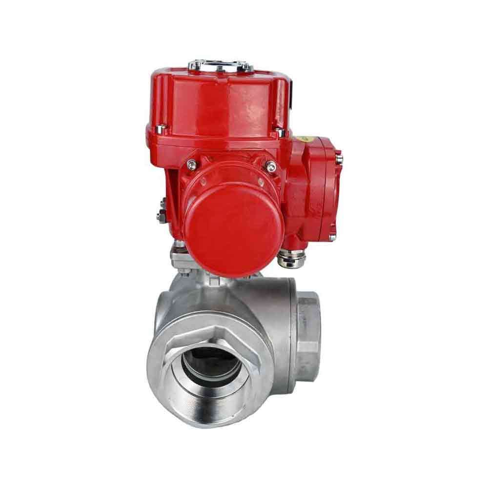 Stainless steel ball valve DNOVA RP.SS316.200.MM.ISO 914 PSI threaded, standard port, three way, L-type, body material - stainless steel AISI 316, with quater-turn electric actuator DNOVA QT-W (M) EX 380V