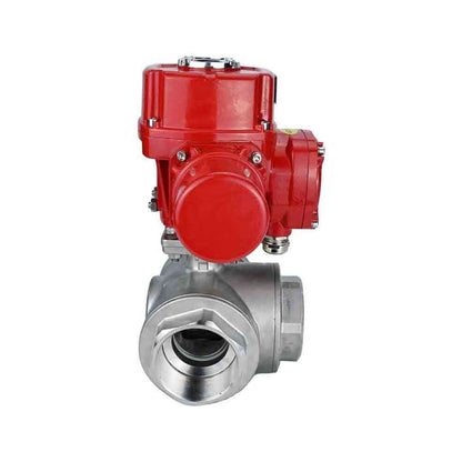 Stainless steel ball valve DNOVA RP.SS316.200.MM.ISO 914 PSI threaded, standard port, three way, L-type, body material - stainless steel AISI 316, with quater-turn electric actuator DNOVA QT-W (M) EX 380V