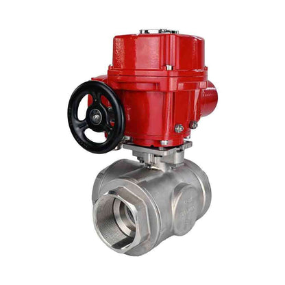 Stainless steel ball valve DNOVA RP.SS316.200.MM.ISO 914 PSI threaded, standard port, three way, L-type, body material - stainless steel AISI 316, with quater-turn electric actuator DNOVA QT-W (M) EX 220V