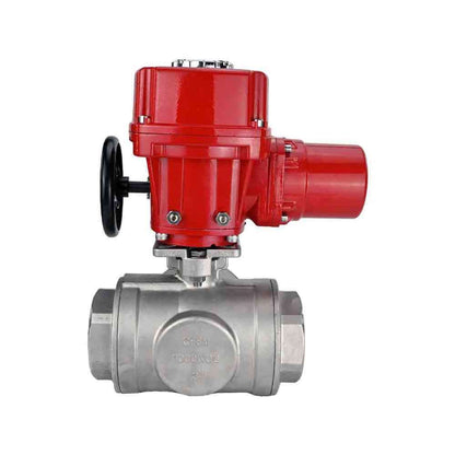 Stainless steel ball valve DNOVA RP.SS316.200.MM.ISO 914 PSI threaded, standard port, three way, L-type, body material - stainless steel AISI 316, with quater-turn electric actuator DNOVA QT-W (M) EX 220V