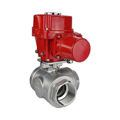 Stainless steel ball valve DNOVA RP.SS316.200.MM.ISO 914 PSI threaded, standard port, three way, L-type, body material - stainless steel AISI 316, with quater-turn electric actuator DNOVA QT-W (M) EX 220V