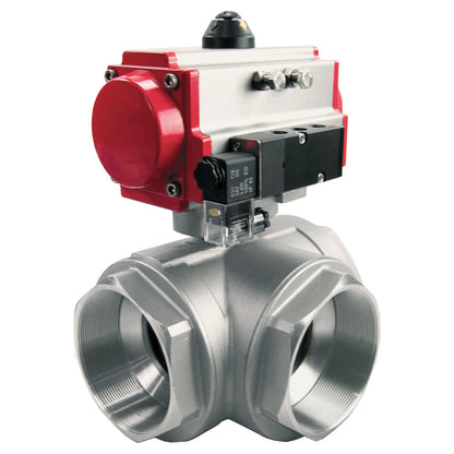Stainless steel ball valve DNOVA 3h-l-rpss316200mm-iso-pnevpr-sa-rasp-24v, body material - stainless steel AISI 316, ball material - stainless steel AISI 316, seal - PTFE, pneumatic actuator operated