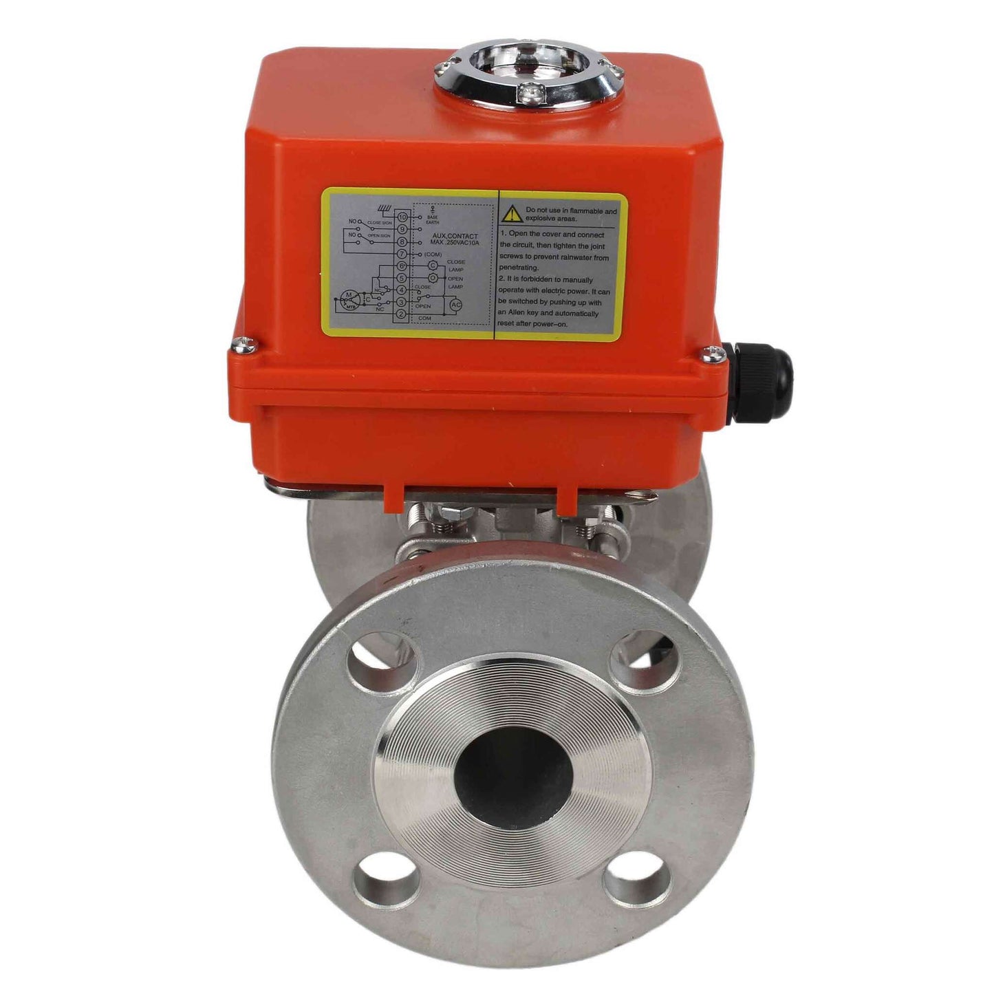 Stainless steel ball valve DNOVA ksfpt-316-180-110/220v, body material - stainless steel AISI 316, ball material - stainless steel AISI 316, seal - PTFE, electric actuator operated