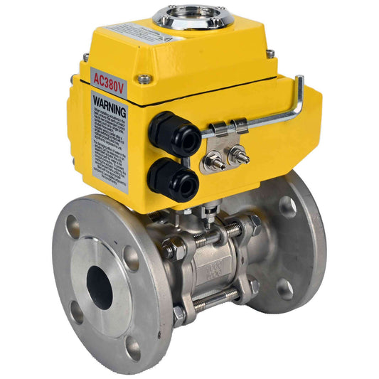 Stainless steel ball valve DNOVA ksfpt-304-180-380v, body material - stainless steel AISI 304, ball material - stainless steel AISI 304, seal - PTFE, electric actuator operated