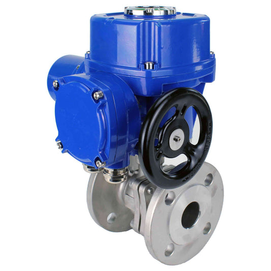 Válvula de bola de acero inoxidable DNOVA BVFP.316.200, material del cuerpo: acero inoxidable AISI 316, paso completo, bridada, con actuador eléctrico de cuarto de vuelta DNOVA QT-W (M) 220V