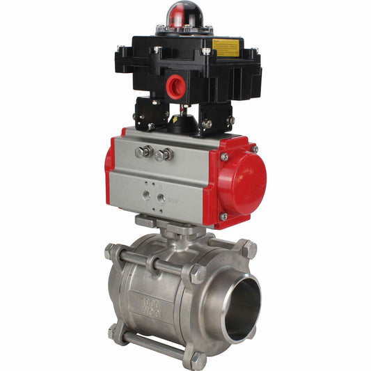 Válvula de bola de acero inoxidable DNOVA BVPP 316.200-ISO PSI914 SS316 paso completo, para soldar, material del cuerpo - acero inoxidable, actuador neumático DNOVA DA, bloque de interruptores de final de carrera APL-410N EX