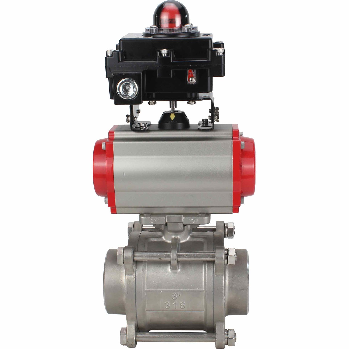Válvula de bola de acero inoxidable DNOVA BVPP 316.200-ISO PSI914 SS316 paso completo, para soldar, material del cuerpo - acero inoxidable, actuador neumático DNOVA DA, bloque de interruptores de final de carrera APL-410N EX