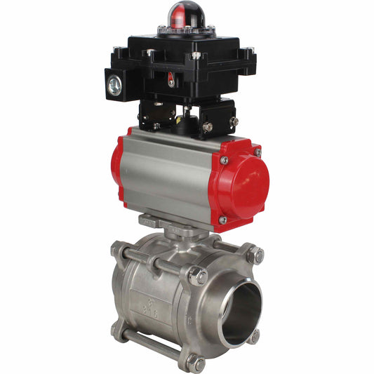 Válvula de bola de acero inoxidable DNOVA BVPP 316.200-ISO PSI914 SS316 paso completo, para soldar, material del cuerpo - acero inoxidable, actuador neumático DNOVA SA, bloque de final de carrera APL-410N EX