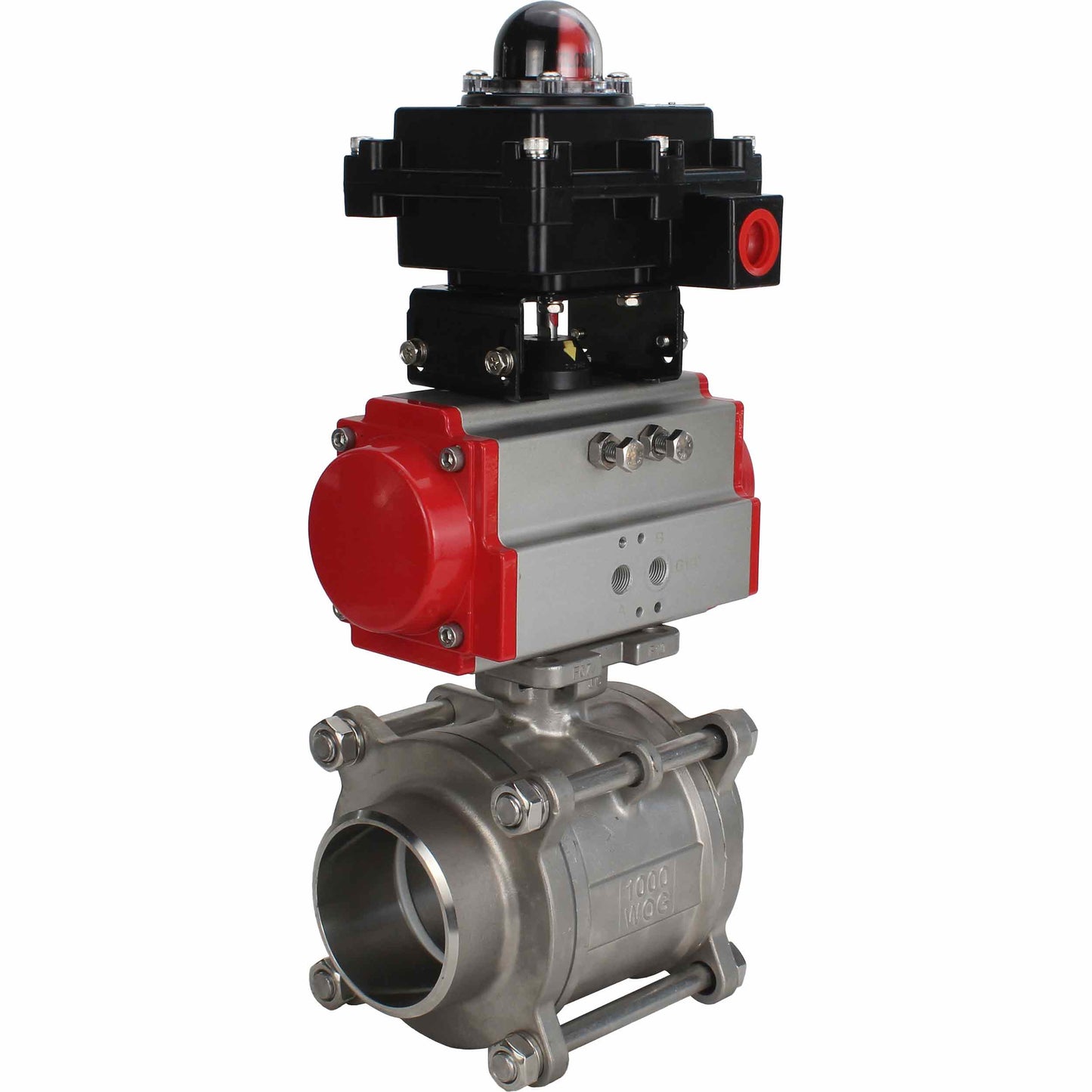 Válvula de bola de acero inoxidable DNOVA BVPP 316.200-ISO PSI914 SS316 paso completo, para soldar, material del cuerpo - acero inoxidable, actuador neumático DNOVA DA, bloque de interruptores de final de carrera APL-410N EX