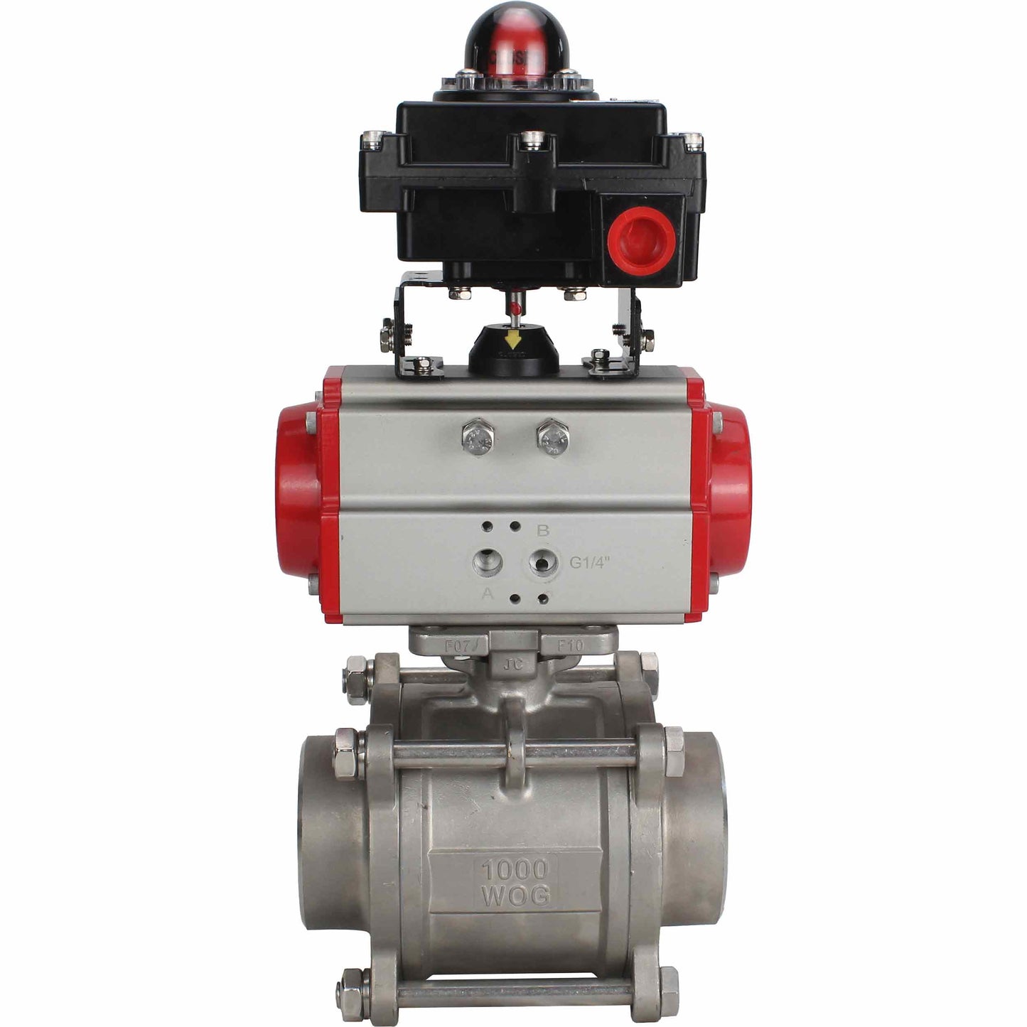 Válvula de bola de acero inoxidable DNOVA BVPP 316.200-ISO PSI914 SS316 paso completo, para soldar, material del cuerpo - acero inoxidable, actuador neumático DNOVA DA, bloque de interruptores de final de carrera APL-410N EX