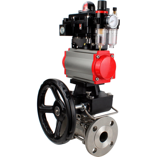 Ball valves DNOVA BV3131P(3pc)-FP-F-ISO-H 16 bar, three-piece full bore flanged, stainless steel SS304, PTFE, with pneumatic actuator PA-DA, with pneumatic distributor 4M310-08 24V, with LSU APL- 410N EX, with manual Doubler MON1-250-T26-ISO, with ATU