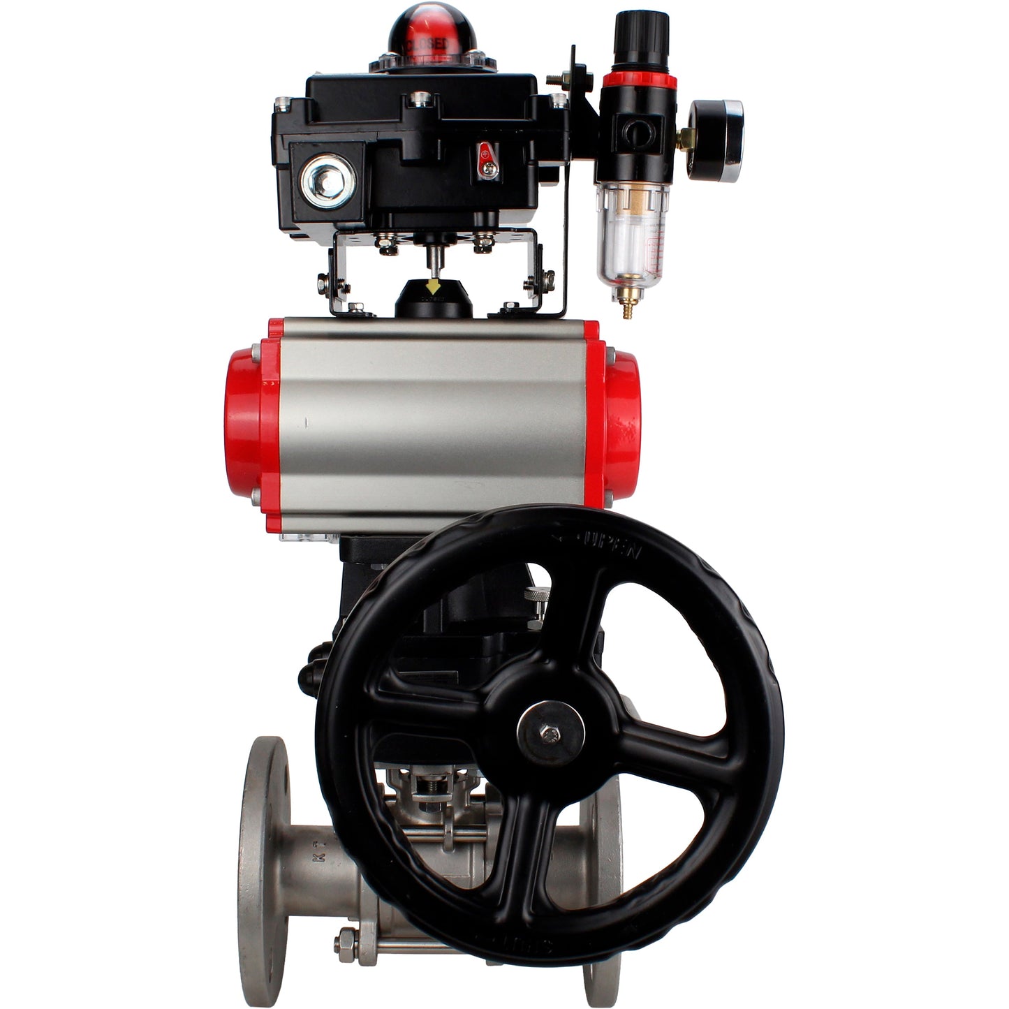 Ball valves DNOVA BV3131P(3pc)-FP-F-ISO-H 16 bar, three-piece full bore flanged, stainless steel SS304, PTFE, with pneumatic drive PA-DA, with pneumatic distributor 4M310-08 220V, with LSU APL- 410N EX, with manual Doubler MON1-250-T26-ISO, with ATU AF