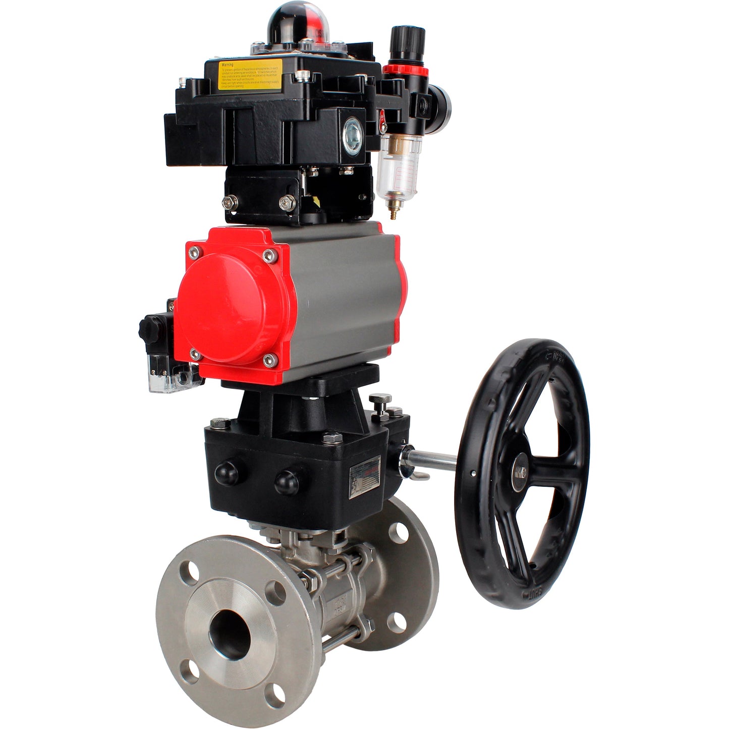 Ball valves DNOVA BV3131P(3pc)-FP-F-ISO-H 16 bar, three-piece full bore flanged, stainless steel SS304, PTFE, with pneumatic drive PA-DA, with pneumatic distributor 4M310-08 220V, with LSU APL- 410N EX, with manual Doubler MON1-250-T26-ISO, with ATU AF