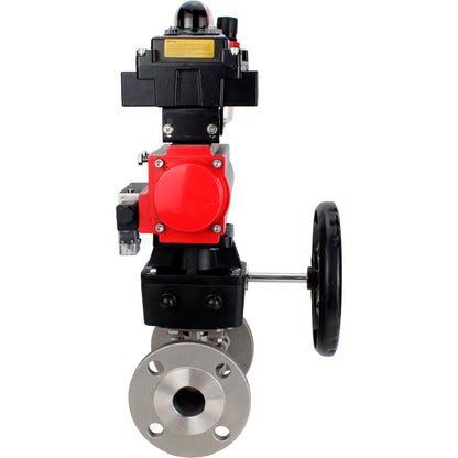 Ball valves DNOVA BV3131P(3pc)-FP-F-ISO-H 16 bar, three-piece full bore flanged, stainless steel SS304, PTFE, with pneumatic actuator PA-DA, with pneumatic distributor 4M310-08 24V, with LSU APL- 410N EX, with manual Doubler MON1-250-T26-ISO, with ATU