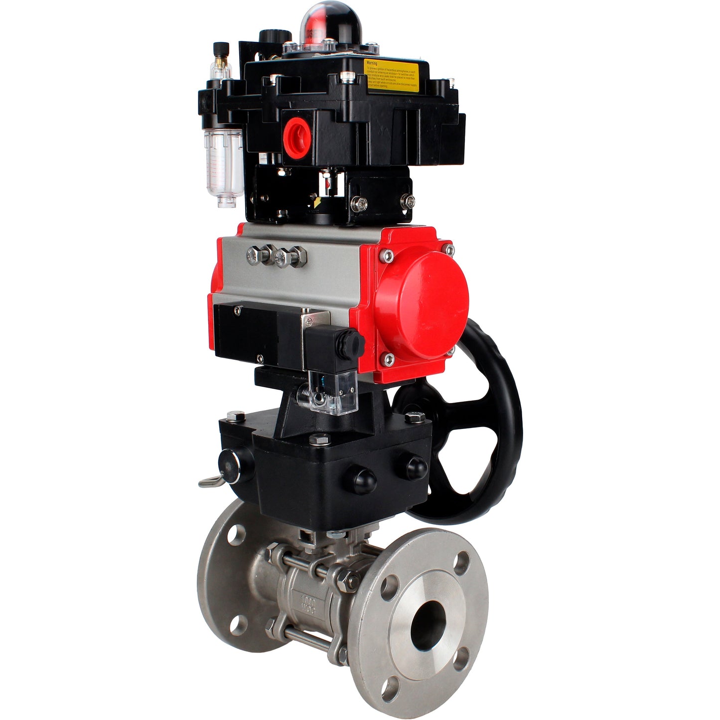 Ball valves DNOVA BV3131P(3pc)-FP-F-ISO-H 16 bar, three-piece full bore flanged, stainless steel SS304, PTFE, with pneumatic drive PA-DA, with pneumatic distributor 4M310-08 220V, with LSU APL- 410N EX, with manual Doubler MON1-250-T26-ISO, with ATU AF