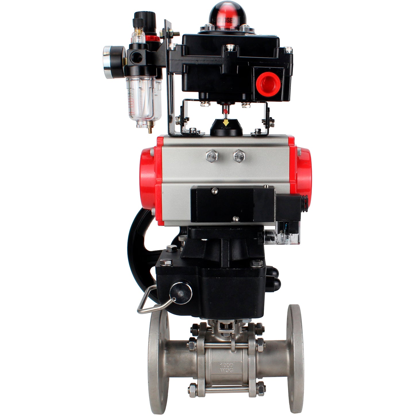 Ball valves DNOVA BV3131P(3pc)-FP-F-ISO-H 16 bar, three-piece full bore flanged, stainless steel SS304, PTFE, with pneumatic drive PA-DA, with pneumatic distributor 4M310-08 220V, with LSU APL- 410N EX, with manual Doubler MON1-250-T26-ISO, with ATU AF