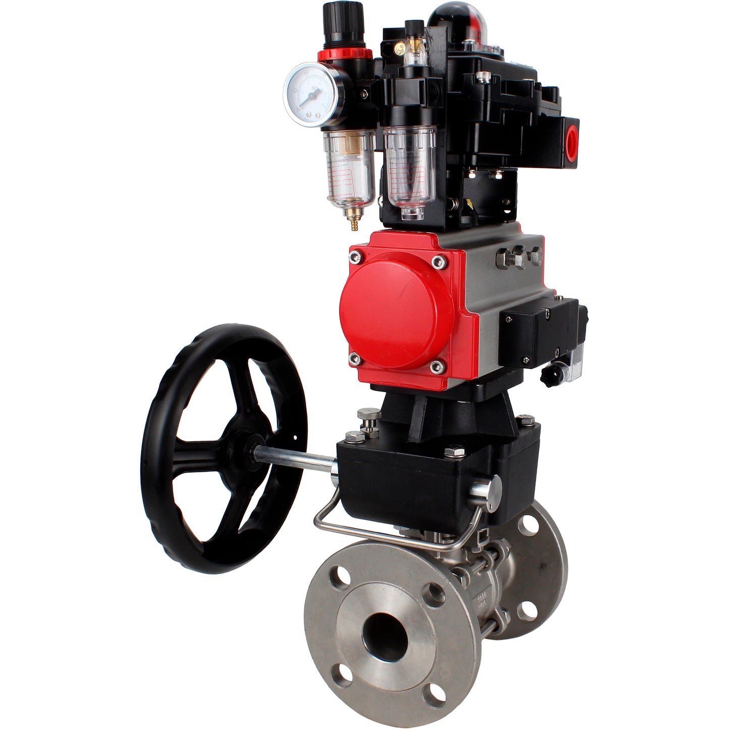 Ball valves DNOVA BV3131P(3pc)-FP-F-ISO-H 16 bar, three-piece full bore flanged, stainless steel SS304, PTFE, with pneumatic drive PA-DA, with pneumatic distributor 4M310-08 220V, with LSU APL- 410N EX, with manual Doubler MON1-250-T26-ISO, with ATU AF