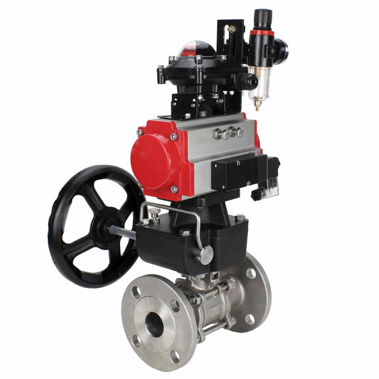 Stainless steel ball valve DNOVA ksfpt-304-180-da-4m310-110/220v-apl210n-hdm-afc2000, body material - stainless steel AISI 304, ball material - stainless steel AISI 304, seal - PTFE, pneumatic actuator operated