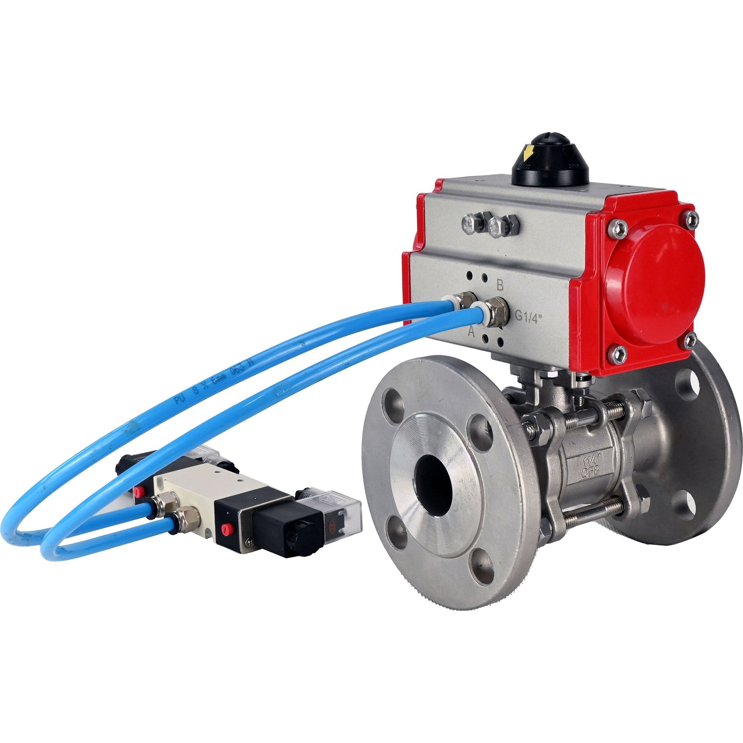 Ball valves DNOVA BV3131P(3pc)-FP-F-ISO-H 16 bar, three-piece full bore flanged, stainless steel SS304, seal - PTFE, with pneumatic actuator PA-SA with return springs, with pneumatic distributor 4V320-08 220V