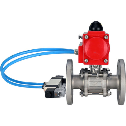 Ball valves DNOVA BV3131P(3pc)-FP-F-ISO-H 16 bar, three-piece full bore flanged, stainless steel SS304, seal - PTFE, with pneumatic actuator PA-SA with return springs, with pneumatic distributor 4V320-10 220V