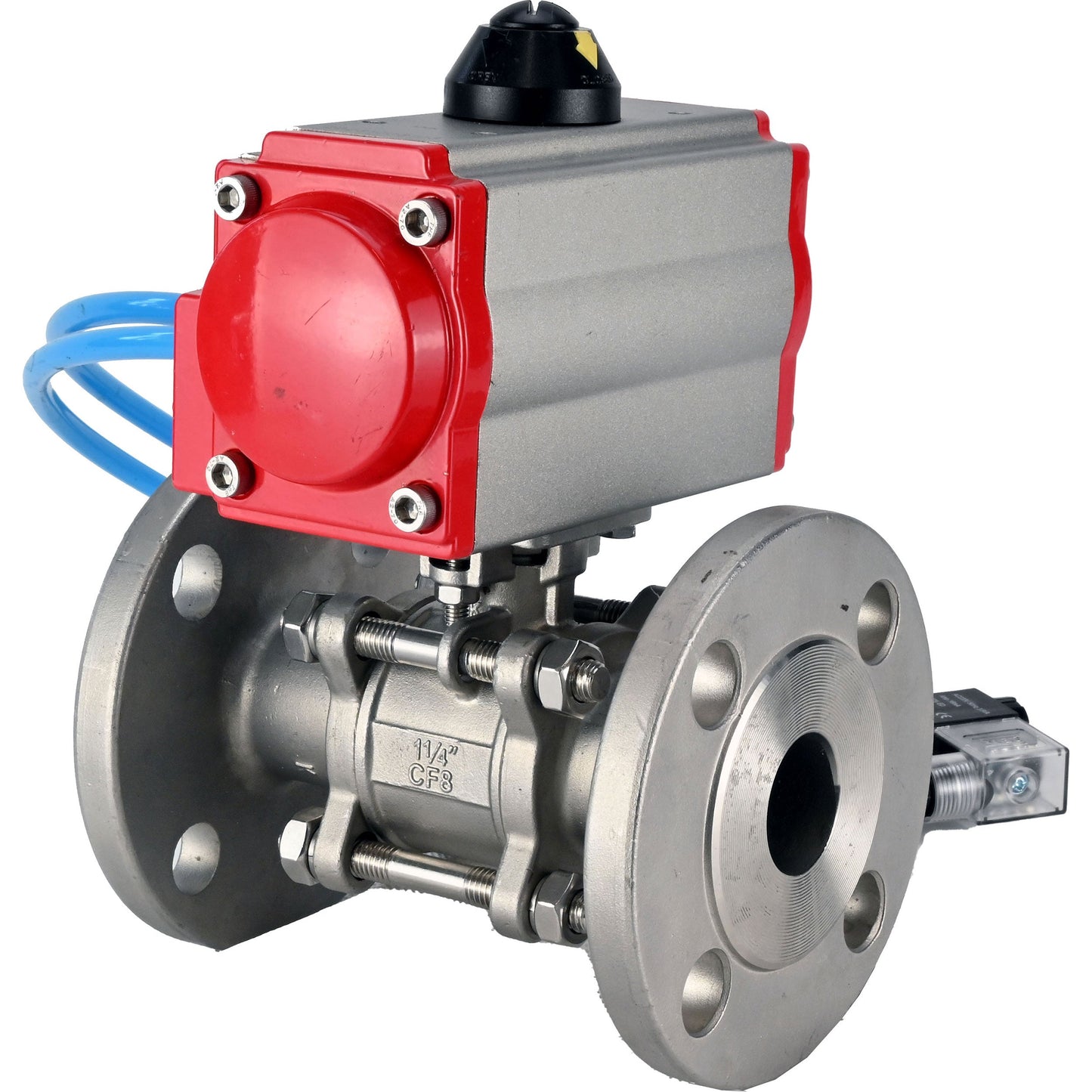 Ball valves DNOVA BV3131P(3pc)-FP-F-ISO-H 16 bar, three-piece full bore flanged, stainless steel SS304, seal - PTFE, with pneumatic actuator PA-SA with return springs, with pneumatic distributor 4V320-10 220V