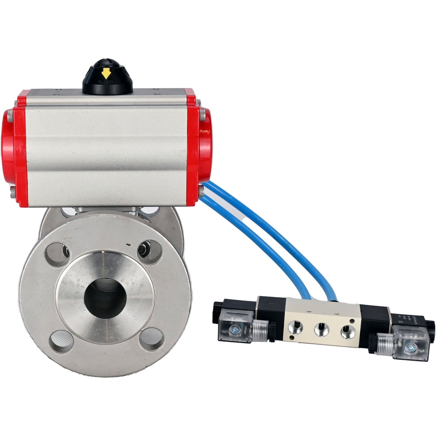 Ball valves DNOVA BV3232P(3pc)-FP-F-ISO-H 16 bar, three-piece full bore flanged, stainless steel SS304, seal - PTFE, with pneumatic actuator PA-SA with return springs, with pneumatic distributor 4V320-08 220V