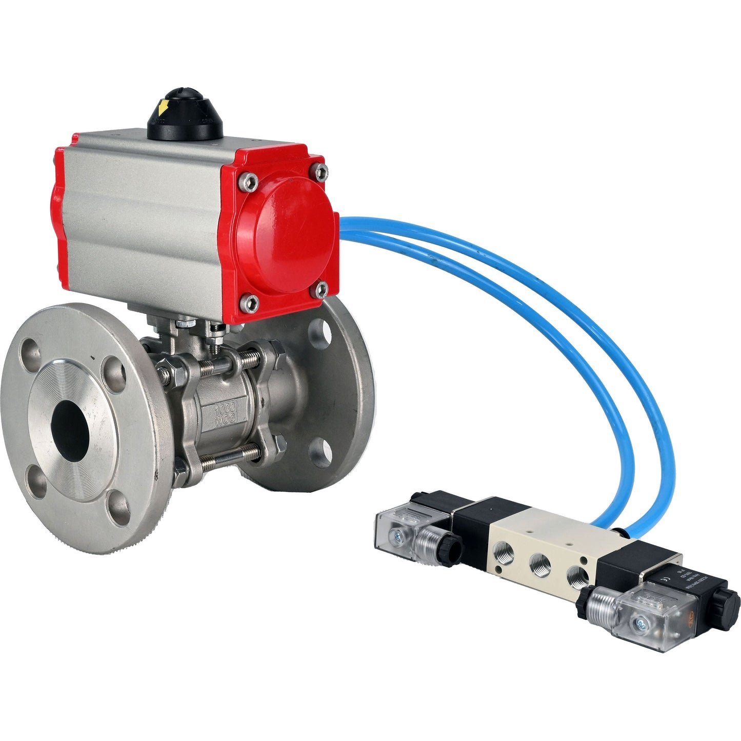 Ball valves DNOVA BV3131P(3pc)-FP-F-ISO-H 16 bar, three-piece full bore flanged, stainless steel SS304, seal - PTFE, with pneumatic actuator PA-SA with return springs, with pneumatic distributor 4V320-08 220V