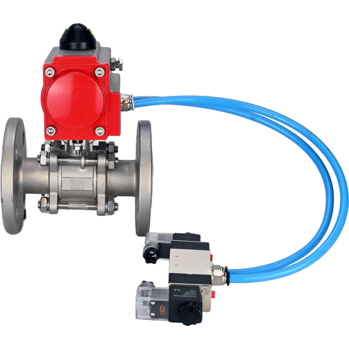Ball valves DNOVA BV3131P(3pc)-FP-F-ISO-H 16 bar, three-piece full bore flanged, stainless steel SS304, seal - PTFE, with pneumatic actuator PA-SA with return springs, with pneumatic distributor 4V320-08 220V