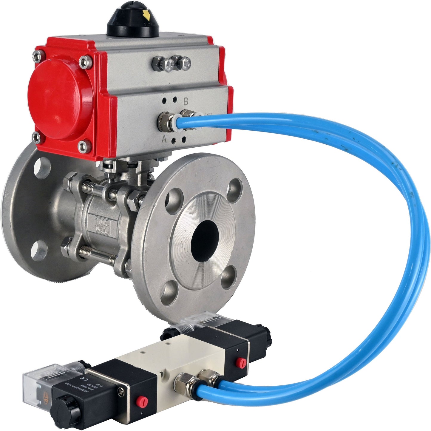 Ball valves DNOVA BV3131P(3pc)-FP-F-ISO-H 16 bar, three-piece full bore flanged, stainless steel SS304, seal - PTFE, with pneumatic actuator PA-SA with return springs, with pneumatic distributor 4V320-10 220V