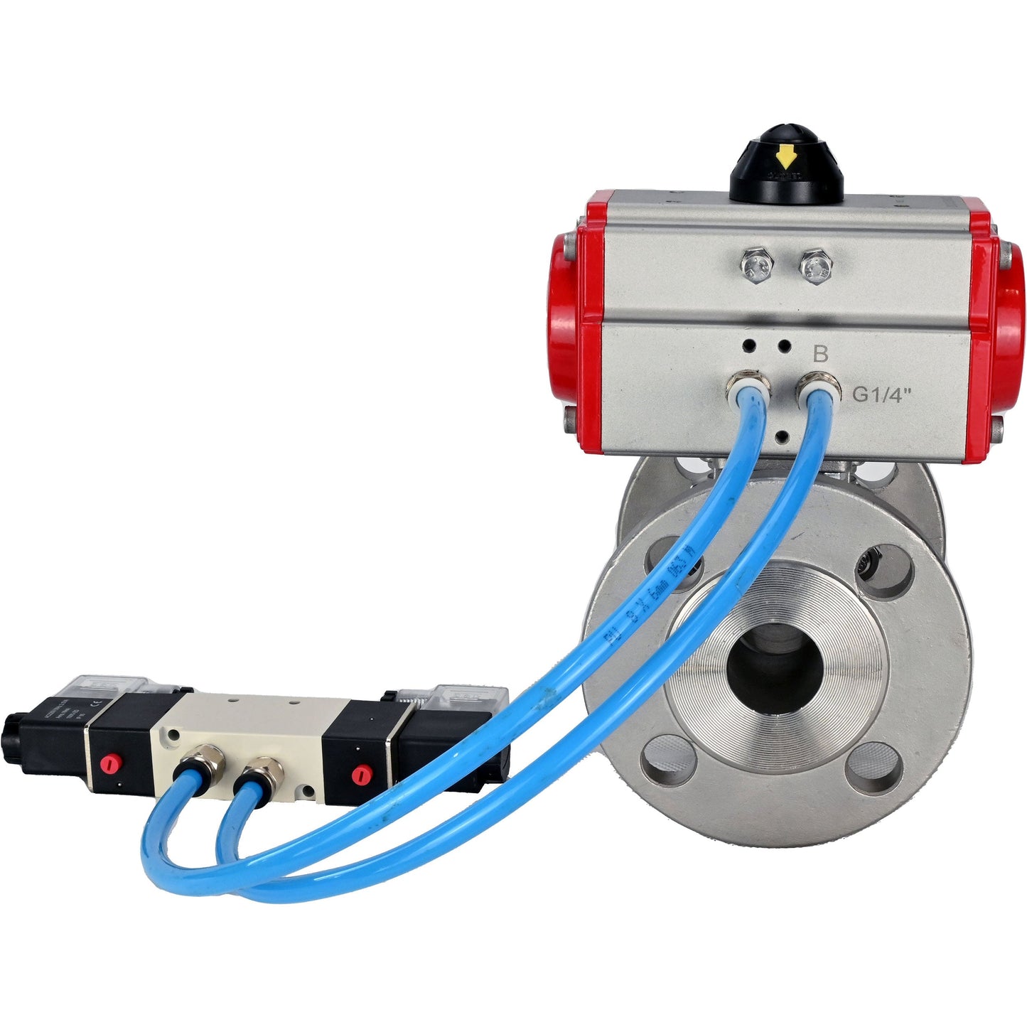 Ball valves DNOVA BV3131P(3pc)-FP-F-ISO-H 16 bar, three-piece full bore flanged, stainless steel SS304, seal - PTFE, with pneumatic actuator PA-SA with return springs, with pneumatic distributor 4V320-08 220V