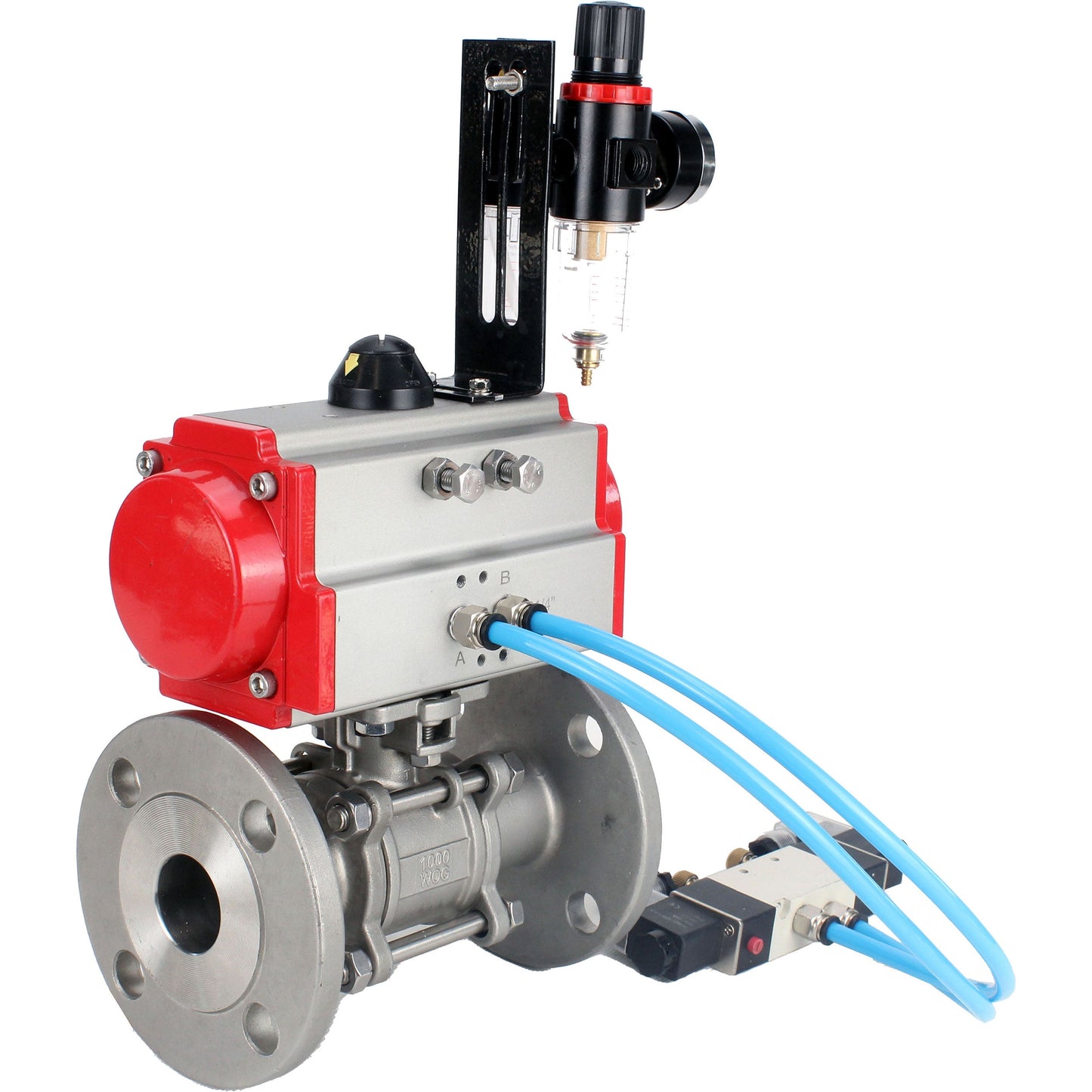 Ball valves DNOVA BV3131P(3pc)-FP-F-ISO-H 16 bar, three-piece full bore flanged, stainless steel SS304, seal - PTFE, with pneumatic actuator PA-SA with return springs, with pneumatic distributor 4V320-10 220V, with GSV AFC2000