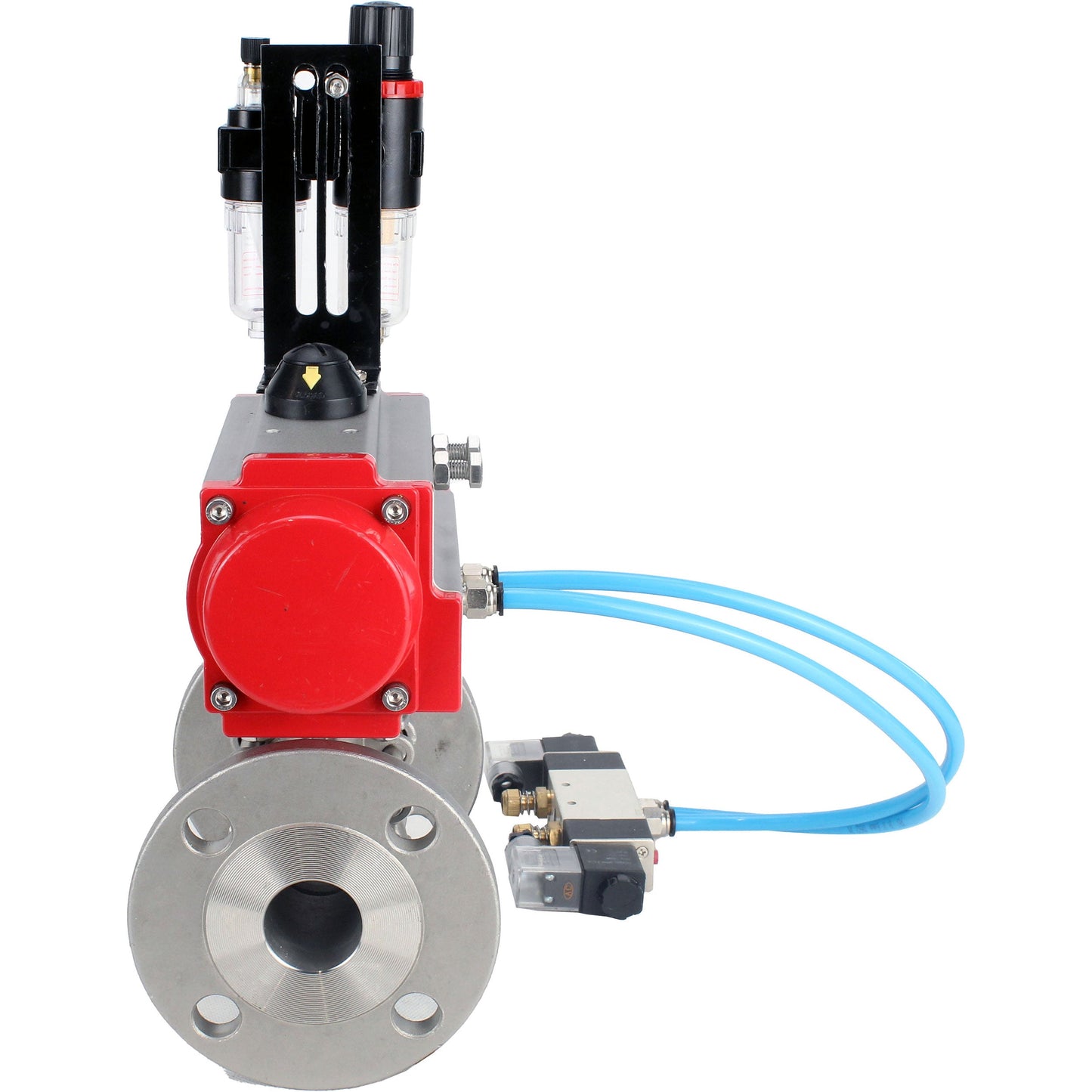 Ball valves DNOVA BV3131P(3pc)-FP-F-ISO-H 16 bar, three-piece full bore flanged, stainless steel SS304, seal - PTFE, with pneumatic actuator PA-SA with return springs, with pneumatic distributor 4V320-08 220V, with GSV AFC2000