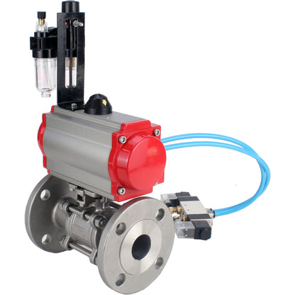Ball valves DNOVA BV3131P(3pc)-FP-F-ISO-H 16 bar, three-piece full bore flanged, stainless steel SS304, seal - PTFE, with pneumatic actuator PA-SA with return springs, with pneumatic distributor 4V320-10 220V, with GSV AFC2000