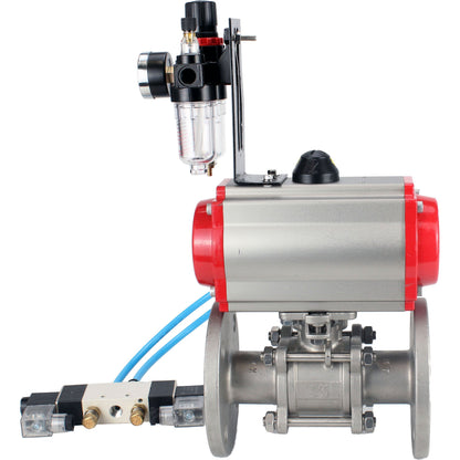 Ball valves DNOVA BV3232P(3pc)-FP-F-ISO-H 16 bar, three-piece full bore flanged, stainless steel SS304, seal - PTFE, with pneumatic actuator PA-SA with return springs, with pneumatic distributor 4V320-10 220V, with GSV AFC2000