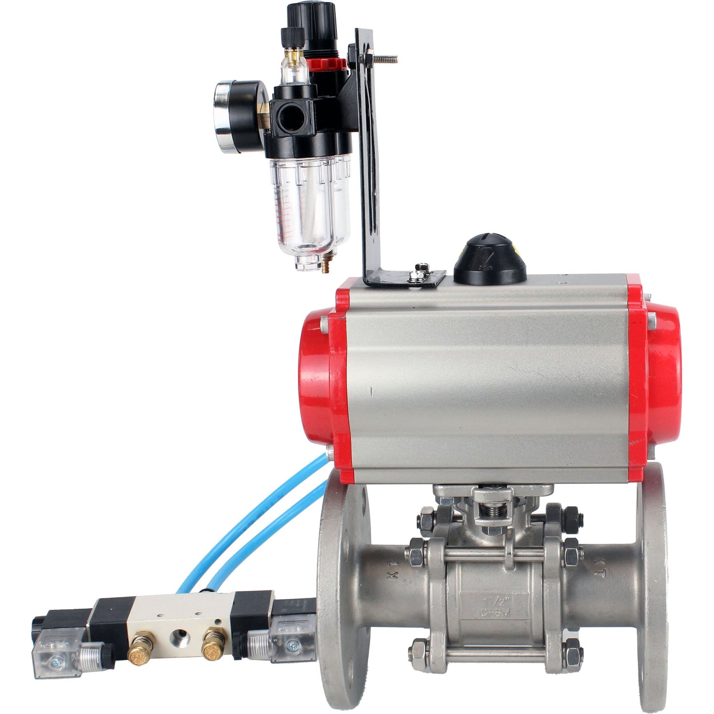 Ball valves DNOVA BV3131P(3pc)-FP-F-ISO-H 16 bar, three-piece full bore flanged, stainless steel SS304, seal - PTFE, with pneumatic actuator PA-SA with return springs, with pneumatic distributor 4V320-10 220V, with GSV AFC2000