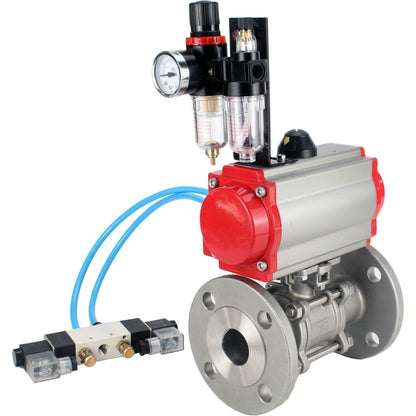 Ball valves DNOVA BV3131P(3pc)-FP-F-ISO-H 16 bar, three-piece full bore flanged, stainless steel SS304, seal - PTFE, with pneumatic actuator PA-SA with return springs, with pneumatic distributor 4V320-10 220V, with GSV AFC2000