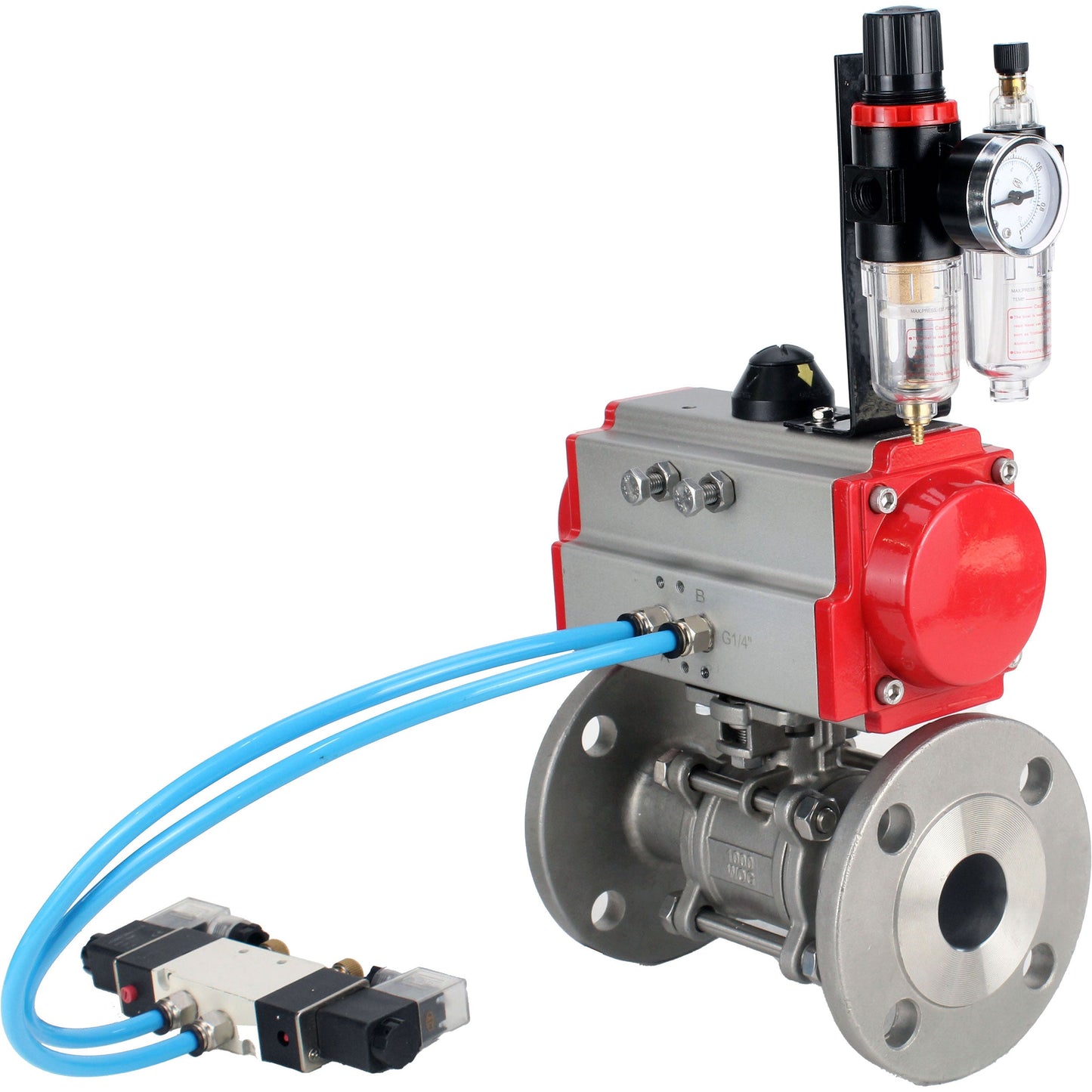 Ball valves DNOVA BV3131P(3pc)-FP-F-ISO-H 16 bar, three-piece full bore flanged, stainless steel SS304, seal - PTFE, with pneumatic actuator PA-SA with return springs, with pneumatic distributor 4V320-10 220V, with GSV AFC2000