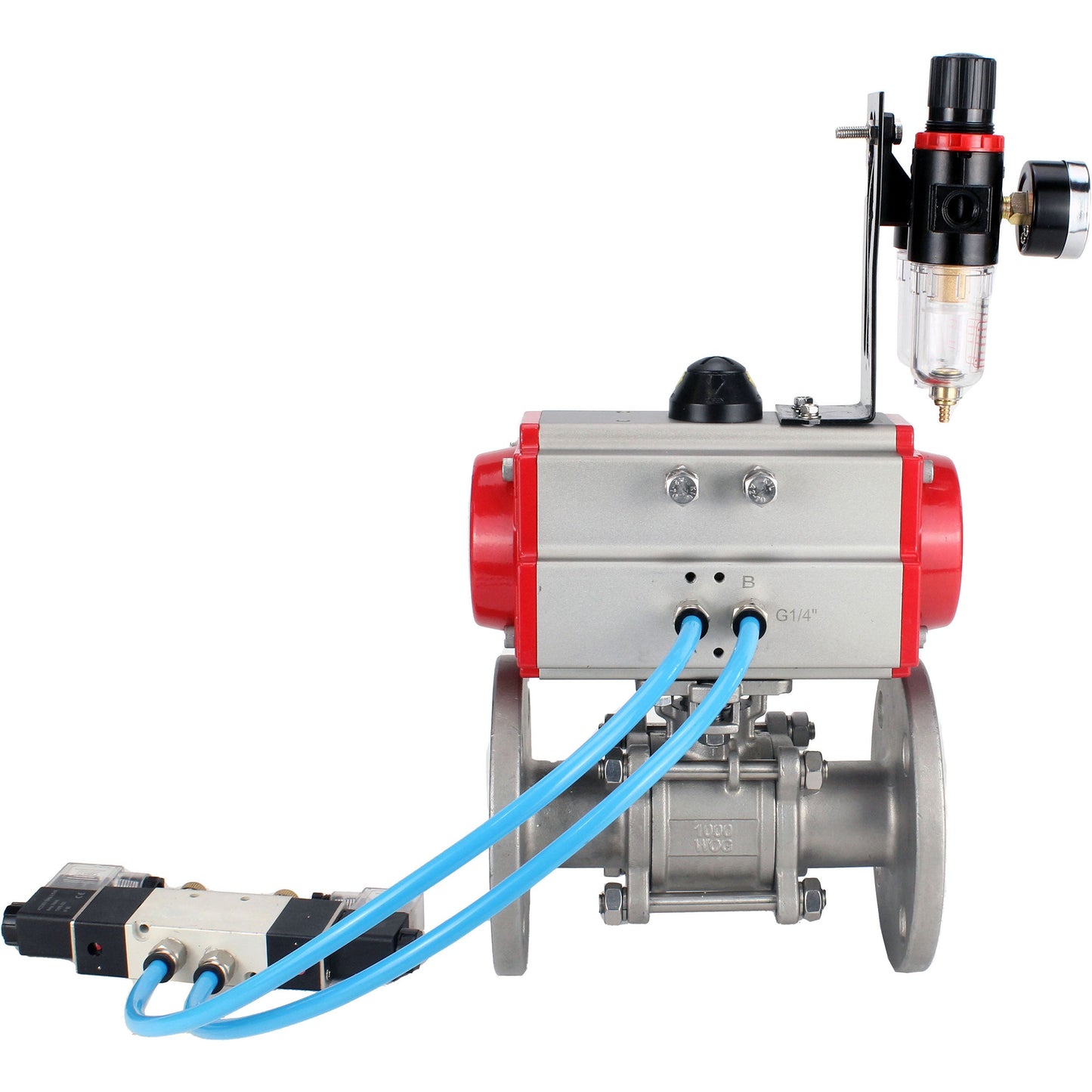 Ball valves DNOVA BV3131P(3pc)-FP-F-ISO-H 16 bar, three-piece full bore flanged, stainless steel SS304, seal - PTFE, with pneumatic actuator PA-SA with return springs, with pneumatic distributor 4V320-08 220V, with GSV AFC2000