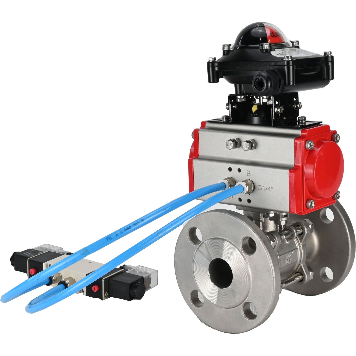 Ball valves DNOVA BV3131P(3pc)-FP-F-ISO-H 16 bar, three-piece full bore flanged, stainless steel SS304, seal - PTFE, with pneumatic actuator PA-SA with return springs, with pneumatic distributor 4V320-10 220V, with LSU APL-210N