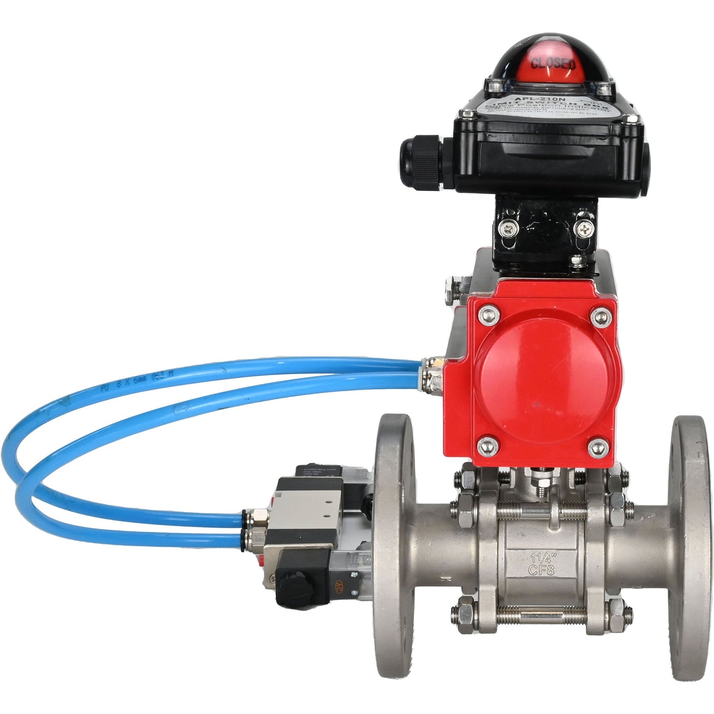 Ball valves DNOVA BV3131P(3pc)-FP-F-ISO-H 16 bar, three-piece full bore flanged, stainless steel SS304, seal - PTFE, with pneumatic actuator PA-SA with return springs, with pneumatic distributor 4V320-10 220V, with LSU APL-210N